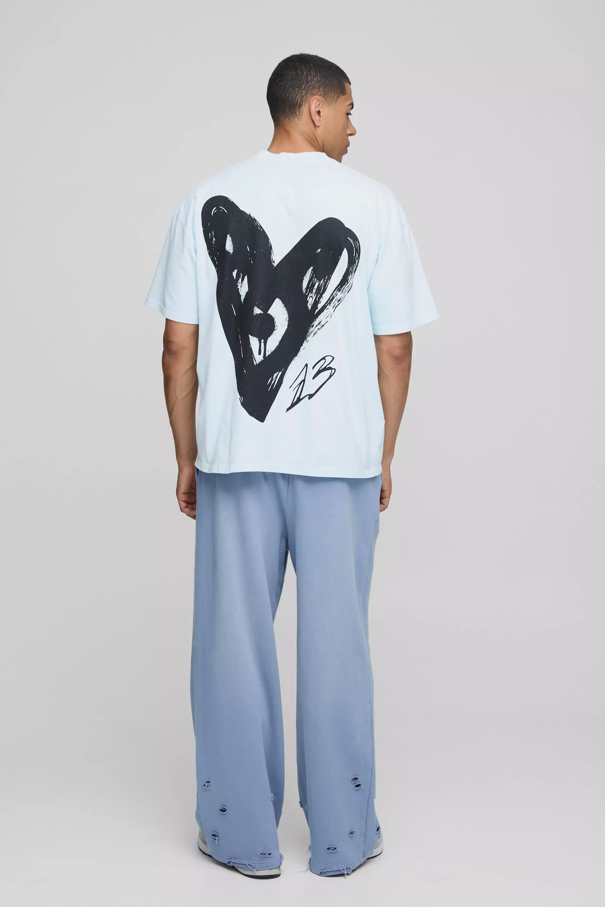 Light Blue Oversized Extended Neck Graffiti Heart Washed